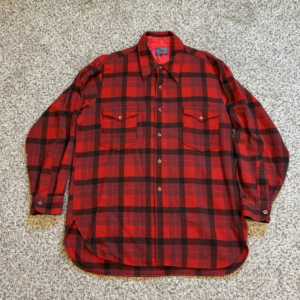 VTG Pendleton Men's Wool Flannel Work Shirt Shacket Red Plaid  USA  Size 17.5